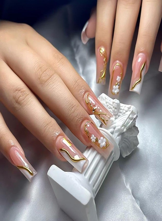 RikView Coffin Press on Nails Long Fake Nails with 3D Flowers Design Golden Nails Glossy Full Cover Nails for Women 24 PCs/Set - Image 1